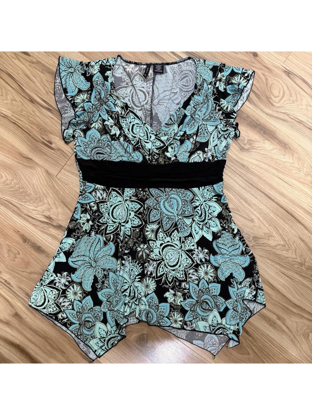 New Directions Teal Black Paisley Floral Handkerchief Tunic Top L Boho Y2K